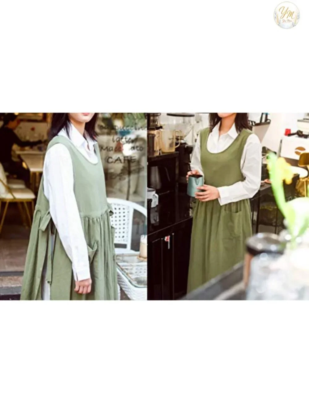 Cotton Linen Pleated Split Apron Pinafore Dress with Pockets